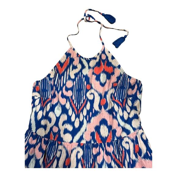 Crown & Ivy Cotton Halter Neck blue pink Maxi Dress open smocked back size L - Picture 3 of 13